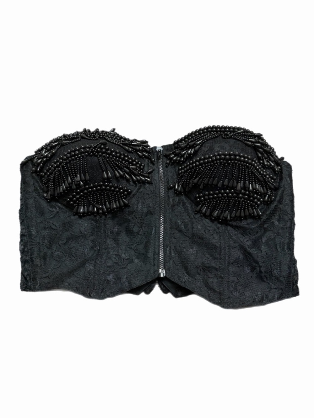 70s European Vintage Beaded Bustier Corset Jacquard Floral Top (Black) Large